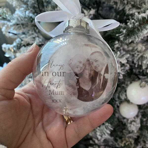 Floating Photo memorial Memory Bauble, Special Bauble, Personalised Bauble, Special Memory Bauble, Photo Bauble, Feathers, Memorial Gift