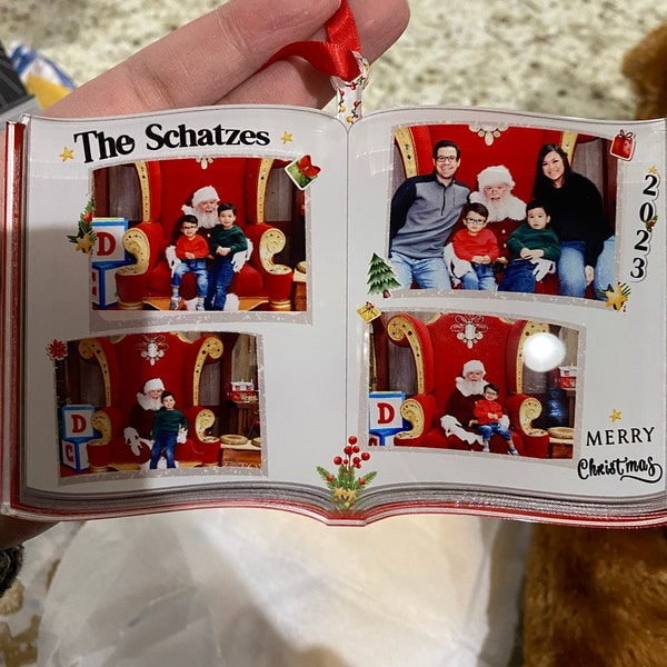 Photo Book Shaped Ornament, Personalized Custom Photo Print, Perfect Gift for Loved Ones, Customizable Gifts for Christmas Tree, Family Name