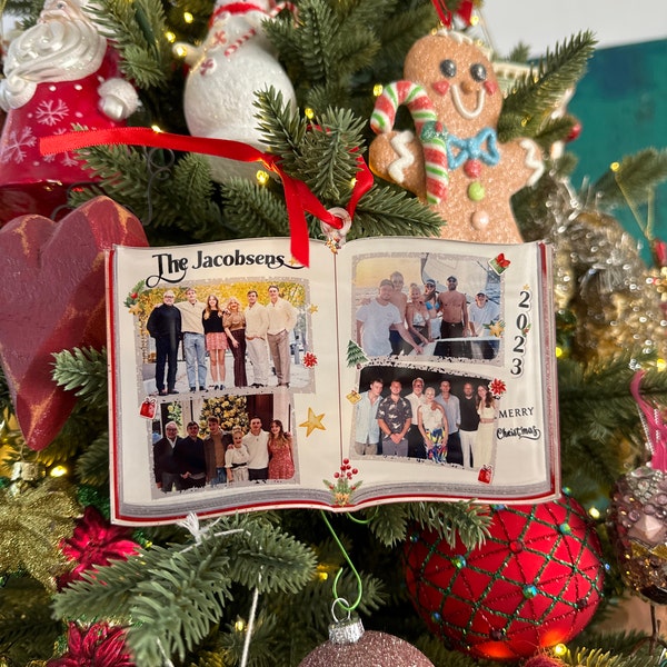 Photo Book Shaped Ornament, Personalized Custom Photo Print, Perfect Gift for Loved Ones, Customizable Gifts for Christmas Tree, Family Name