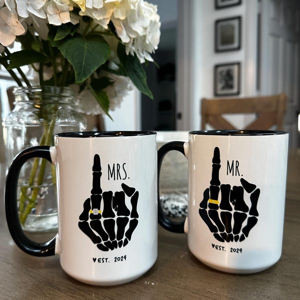 Funny Mr And Mrs Mug,Bride Skeleton Hand, Engagement Gift, Couple Coffee Mug Set, Goth Bride Gift,Skeleton Wedding, Halloween Wedding