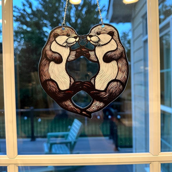 Special gift - Otter Couple Suncatcher Stained Glass window hanging, Otters Window Hangings, Couple gift, Anniversary gift, Bedroom decor, gift for wife