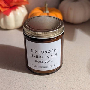 No Longer Living In Sin soy candle, Custom Wedding Gift, Funny Anniversary Gift, Personalized Wedding Gift For Husband, Wedding Date Candle