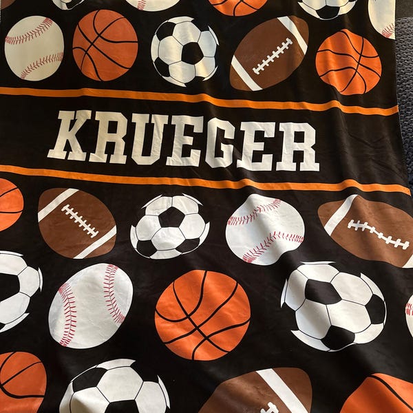 Personalized Kids Sports Blanket, Custom Blanket, Basketball Football Baseball Blanket, Gift for him, Team Gift, Fleece + Sherpa Available
