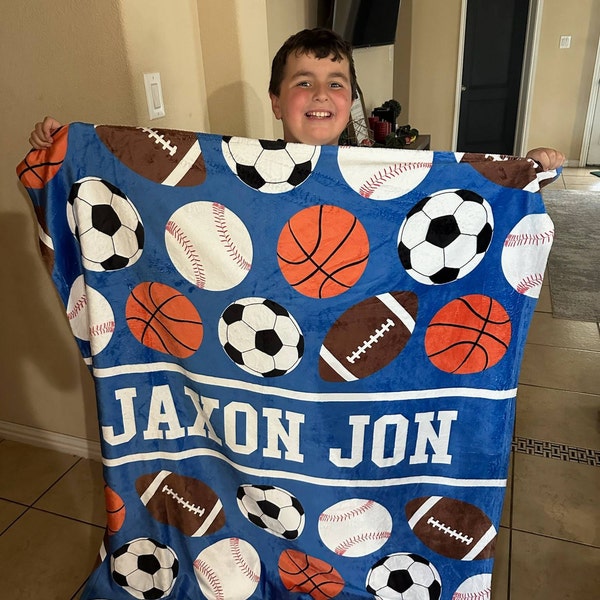 Personalized Kids Sports Blanket, Custom Blanket, Basketball Football Baseball Blanket, Gift for him, Team Gift, Fleece + Sherpa Available