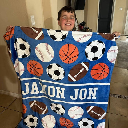 Personalized Kids Sports Blanket, Custom Blanket, Basketball Football Baseball Blanket, Gift for him, Team Gift, Fleece + Sherpa Available