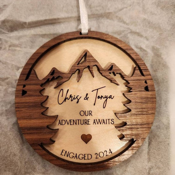 Engagement Ornament Personalized Couples Wooden Engraved Decorations Gifts for Fiance Our First Christmas Engaged Married Mountains Trees