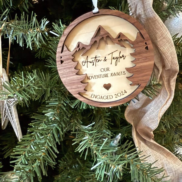 Engagement Ornament Personalized Couples Wooden Engraved Decorations Gifts for Fiance Our First Christmas Engaged Married Mountains Trees