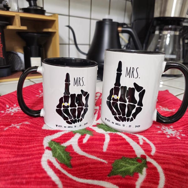 Funny Mr And Mrs Mug,Bride Skeleton Hand, Engagement Gift, Couple Coffee Mug Set, Goth Bride Gift,Skeleton Wedding, Halloween Wedding