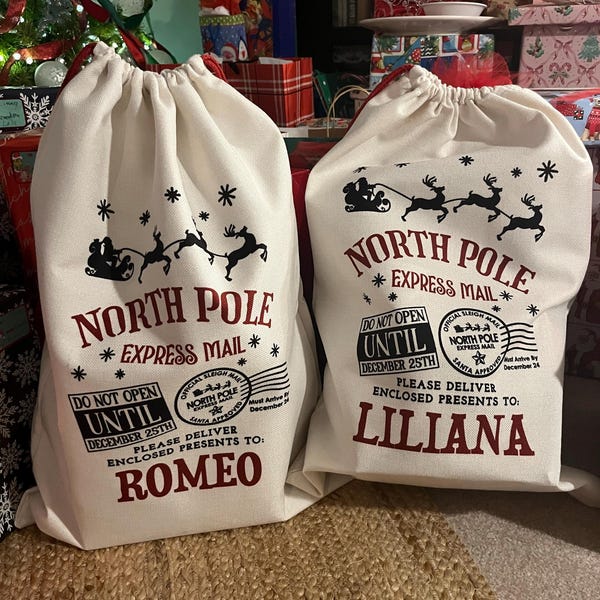 North Pole Santa Sack, Presents Bag, Christmas Gift Sack, Personalized Kids Sack Christmas Bag for Presents, Santa Bags with Name, Personalized Gift Bag, Custom Stocking Bags