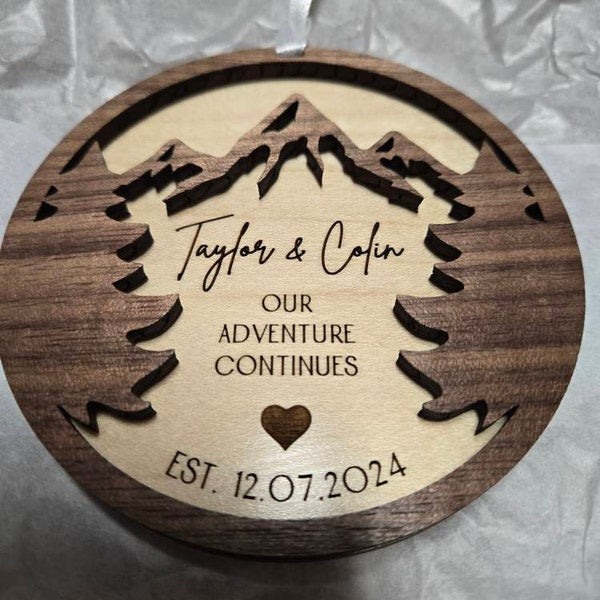 Engagement Ornament Personalized Couples Wooden Engraved Decorations Gifts for Fiance Our First Christmas Engaged Married Mountains Trees