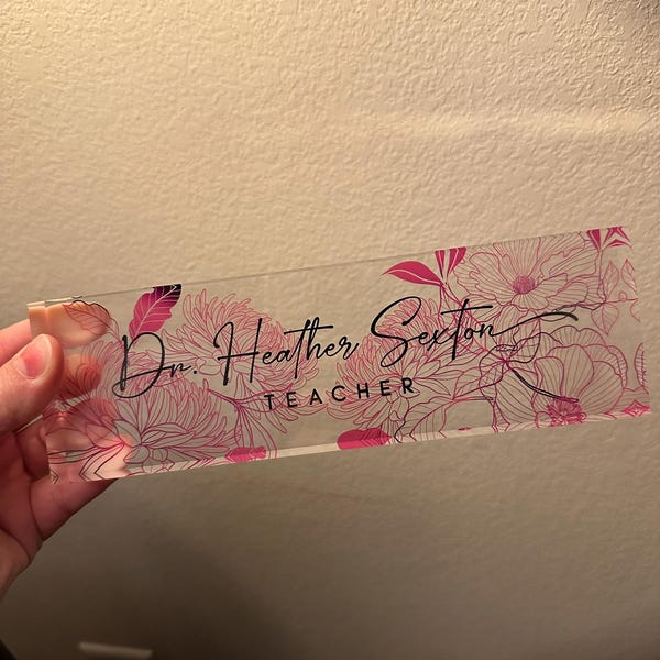 Custom Name Plate for Desk, Desk Nameplate, Personalized Gift, Acrylic Plaque, Pink Floral Name Plate, Gift for Women, Gift for Lady