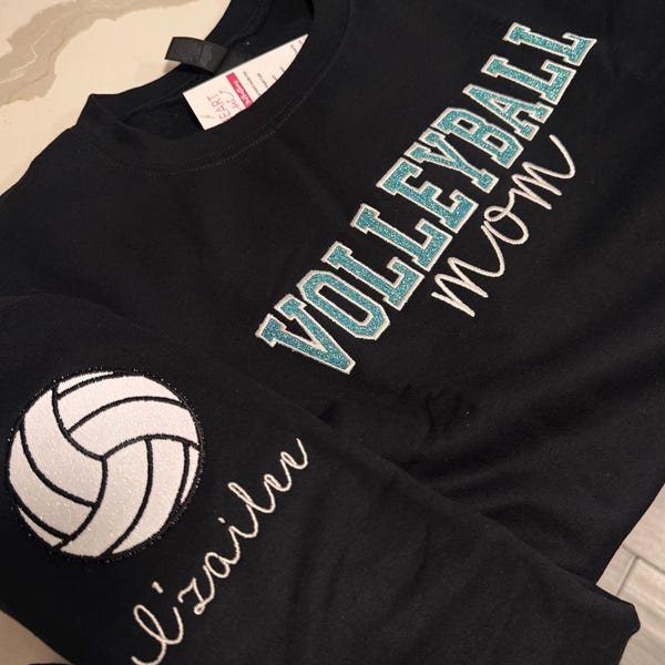 Personalized Embroidered Volleyball Mom Sweatshirt | Custom Team Crewneck | Volleyball Shirt | with Kids Name on Sleeve | Volleyball Mom