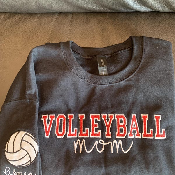 Personalized Embroidered Volleyball Mom Sweatshirt | Custom Team Crewneck | Volleyball Shirt | with Kids Name on Sleeve | Volleyball Mom