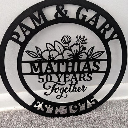 Custom 50 Years Together Floral Anniversary gift Metal Sign, 25 years together, 10 years, any year personalized name sign, metal anniversary