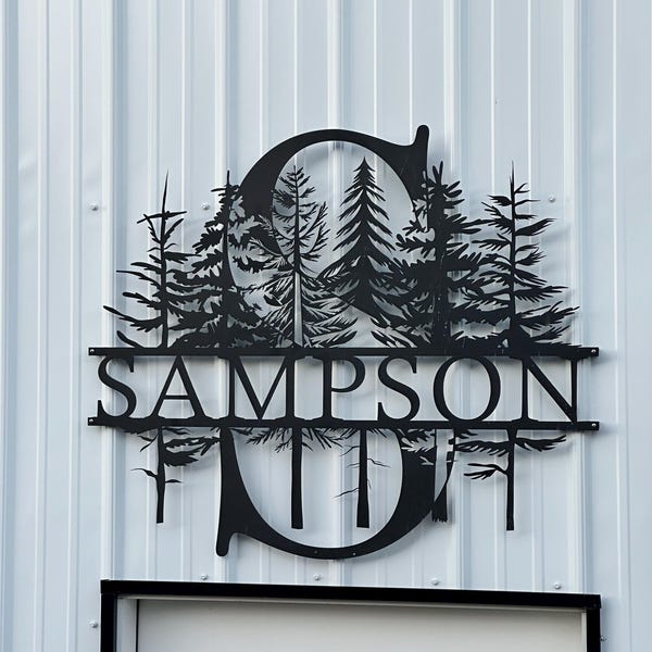 Custom Pine Tree Design Monogram Metal Sign, Family Name Sign, Forest Style Monogram, Last Name Decor, Personalized Wedding Anniversary Gift