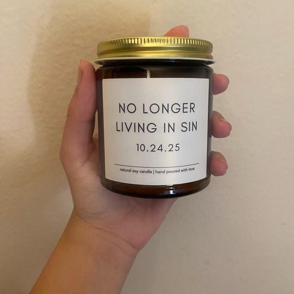 No Longer Living In Sin soy candle, Custom Wedding Gift, Funny Anniversary Gift, Personalized Wedding Gift For Husband, Wedding Date Candle