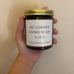 No Longer Living In Sin soy candle, Custom Wedding Gift, Funny Anniversary Gift, Personalized Wedding Gift For Husband, Wedding Date Candle