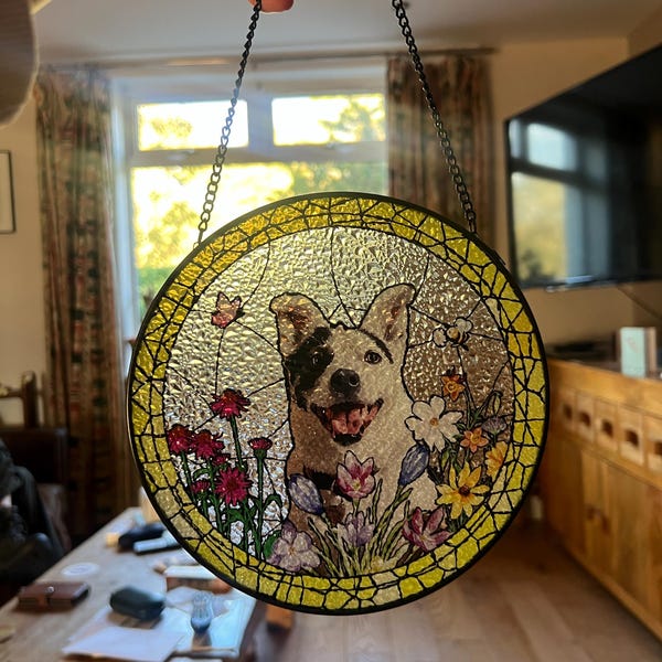 Custom Pet Portrait Stained Glass Suncatcher, Personalized Pet Suncatcher, Pet Keepsake Glass Suncatcher, Memorial Gift for Dog or Cat Lover