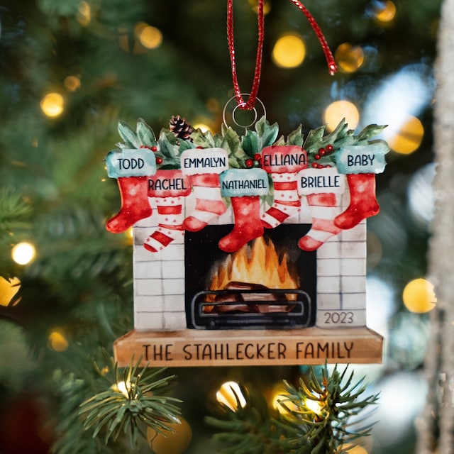 Christmas Ornaments, Personalized Family Christmas Decoration, Family Christmas Stocking Ornament, Stockings on Fireplace, Christmas Gift
