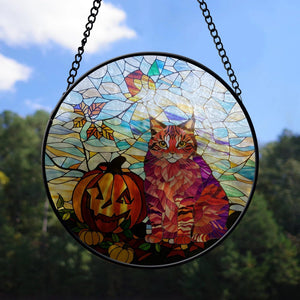 Custom Cat Photo Stained Glass Suncatcher Personalized Halloween Stained Glass Halloween Gift For Dog Lovers, Home Decoration