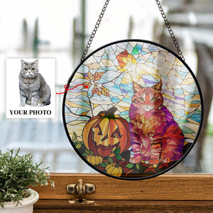 Custom Cat Photo Stained Glass Suncatcher Personalized Halloween Stained Glass Halloween Gift For Dog Lovers, Home Decoration