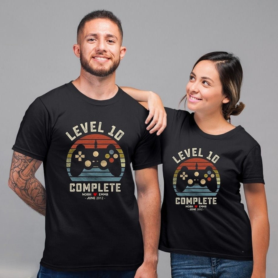 10th Wedding Anniversary Gift for Husband Wife Personalization Level 10 Complete, Anniversary Gift,Gamer Husband Gift,Retro Video Game Shirt