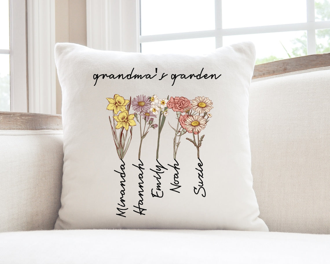 Custom Grandma's Garden Pillow, Personalized Birthflower Pillow, Grandmas Garden Pillow with Grandkids, Gift for Grandma, Christmas Gift