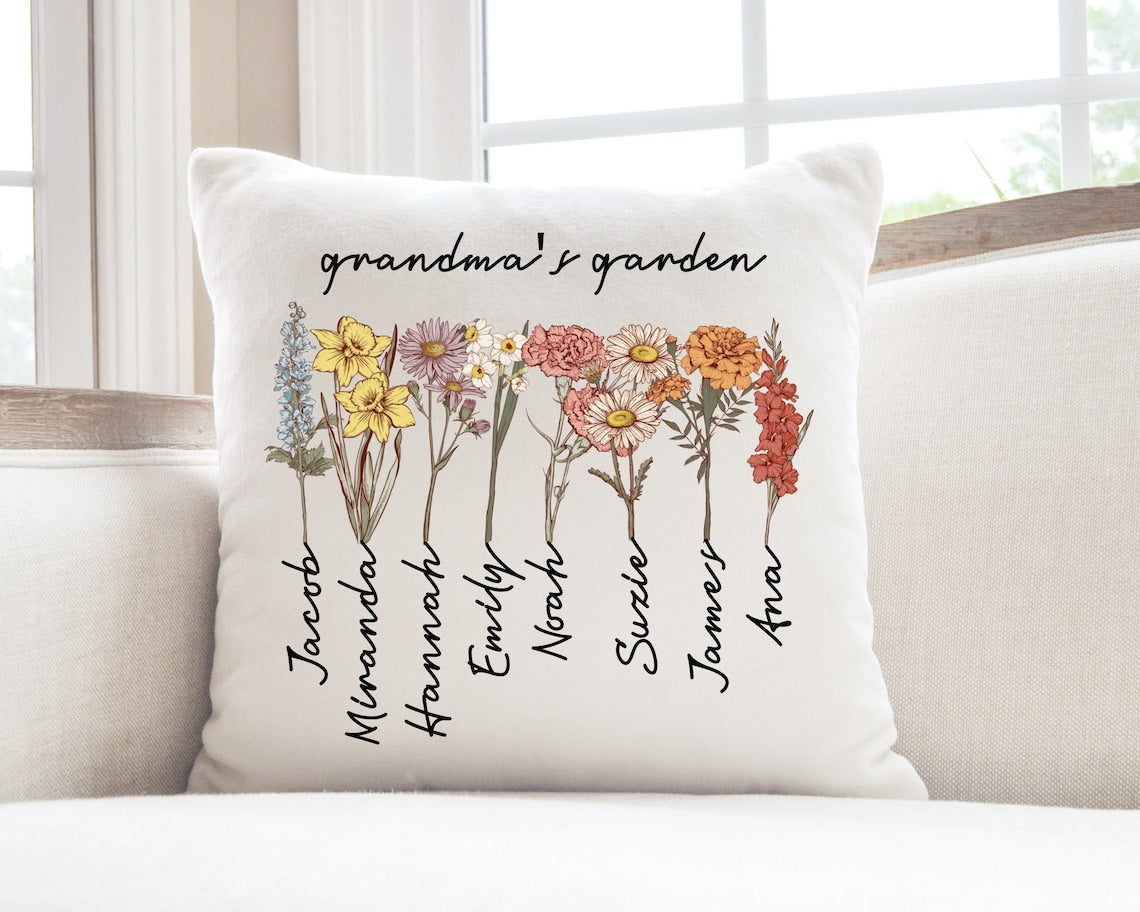 Custom Grandma's Garden Pillow, Personalized Birthflower Pillow, Grandmas Garden Pillow with Grandkids, Gift for Grandma, Christmas Gift