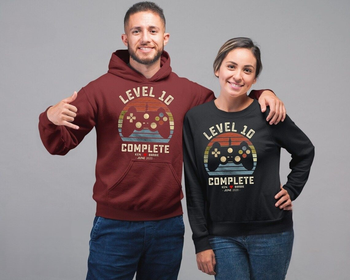 10th Wedding Anniversary Gift for Husband Wife Personalization Level 10 Complete, Anniversary Gift,Gamer Husband Gift,Retro Video Game Shirt