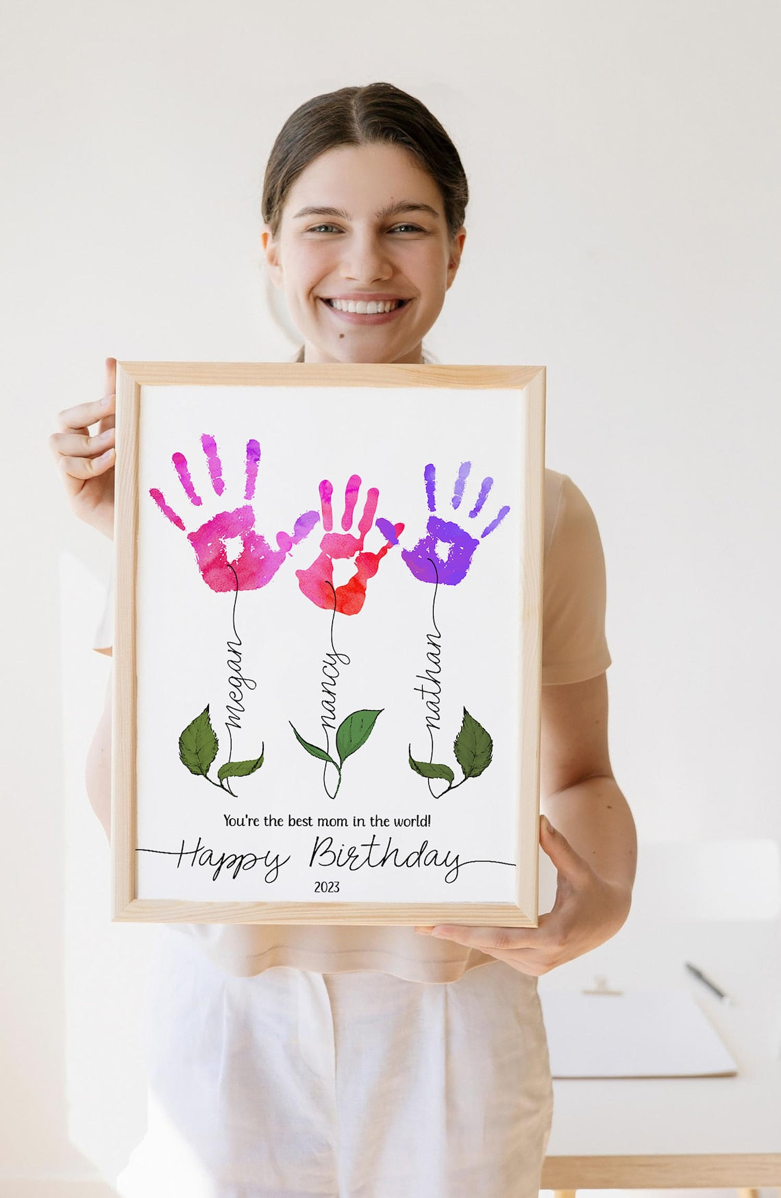 Personalized Mom Birthday gift, Flower handprint Art Gift from kids Canvas Printable gift for Mom, Baby keepsake handprint gifts