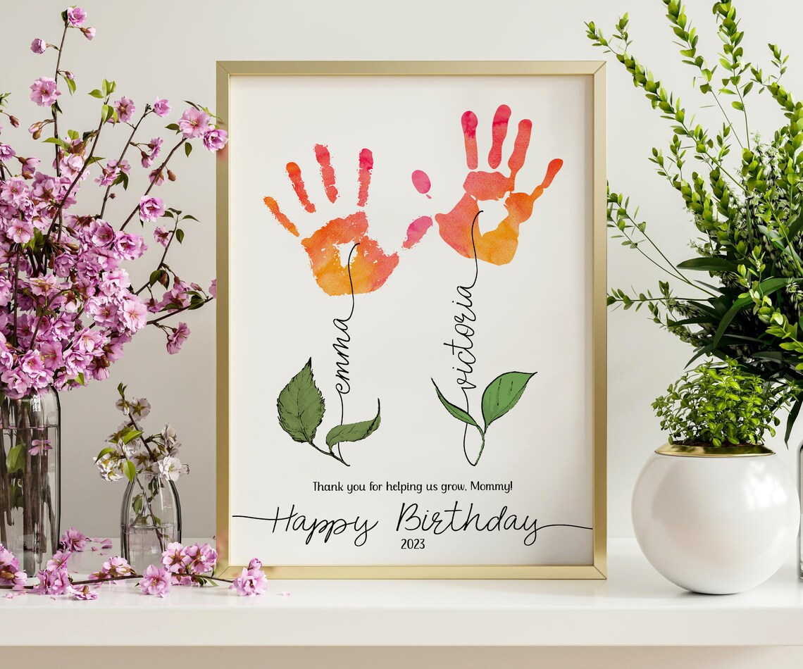 Personalized Mom Birthday gift, Flower handprint Art Gift from kids Canvas Printable gift for Mom, Baby keepsake handprint gifts
