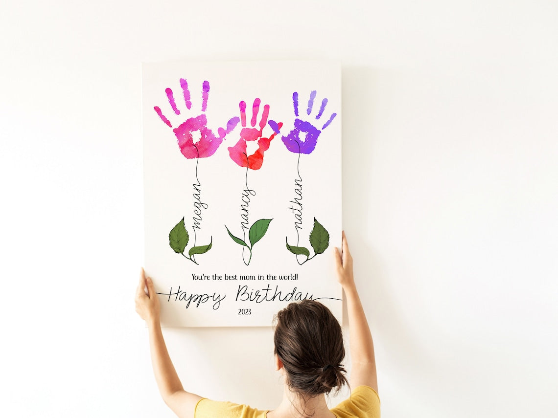 Personalized Mom Birthday gift, Flower handprint Art Gift from kids Canvas Printable gift for Mom, Baby keepsake handprint gifts