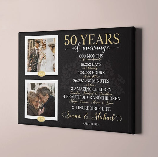 50th Anniversary Gift, Personalized Golden Wedding Anniversary Canvas - Photo Gift for Parents - Custom Colours & Text, Gift for Grandparents