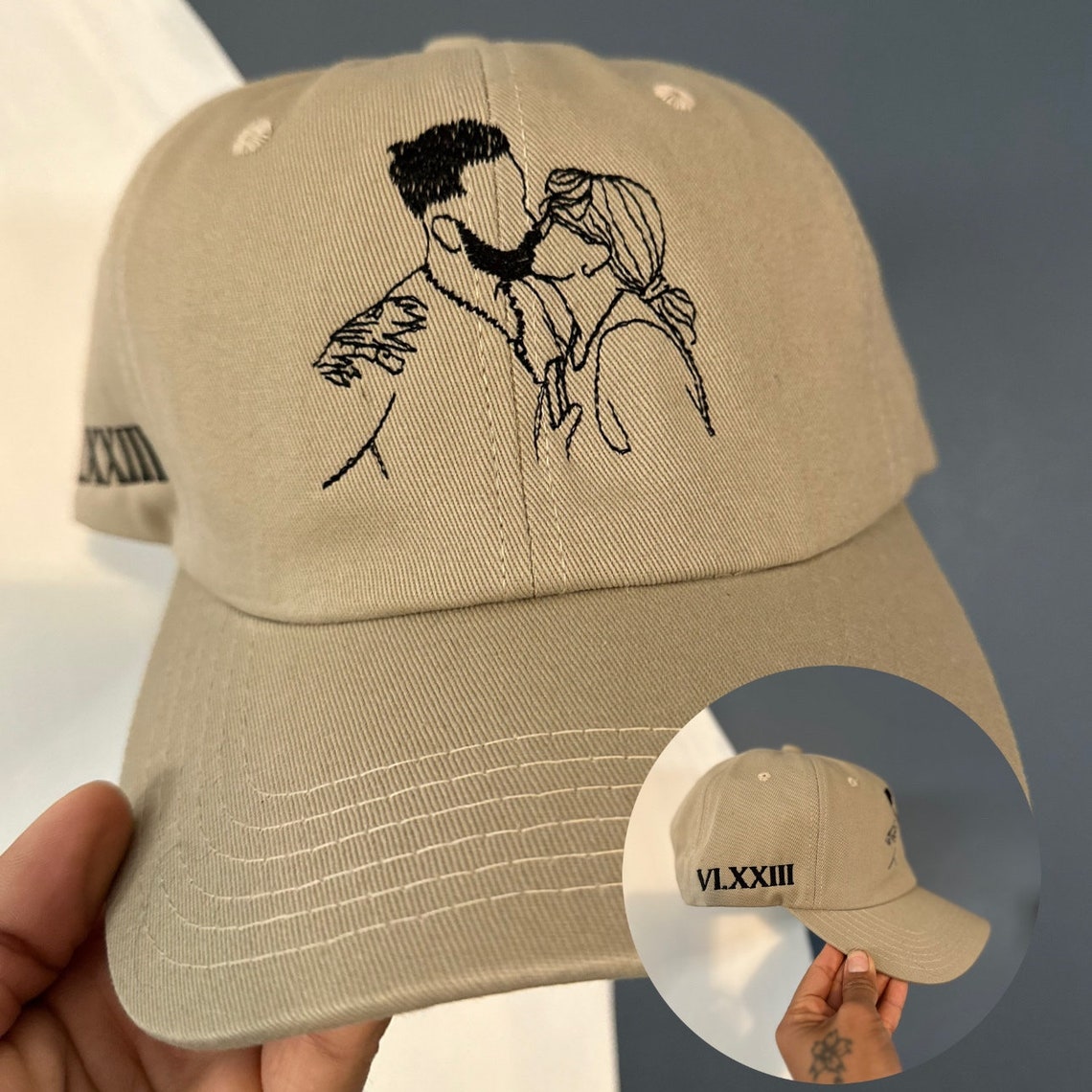Line Art Portrait Embroidered with Roman Numerals Date on Dad Hat | Couples Embroidery Couples Hat | Couples Hat | Gifts for Her | Gifts for Him