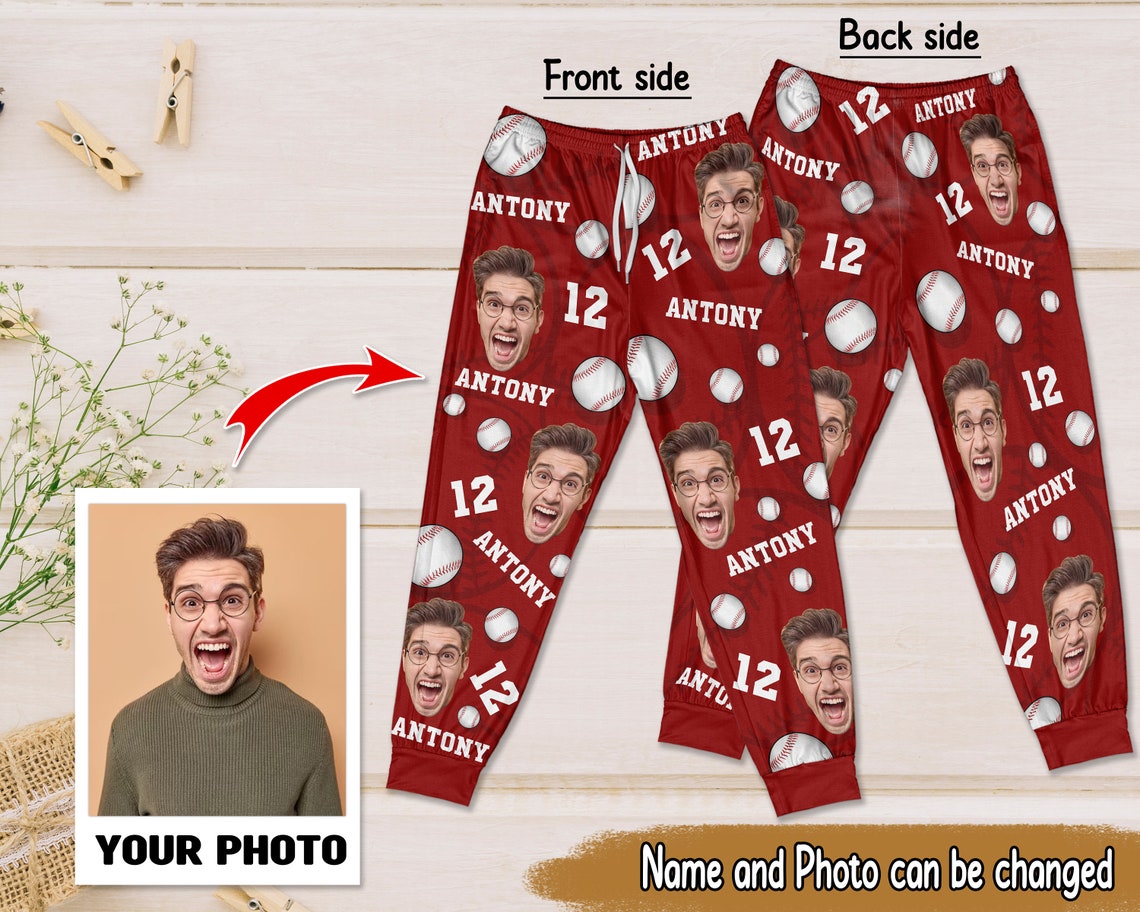Custom Face Photo And Name Baseball Pajamas Pants, Personalized baseball photo face pajamas Pants, Birthday Gifts, Gifts for Baseball Lovers