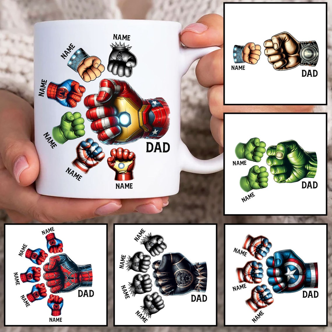 Personalized Superhero Dad Fist Bump Up to 6 Kids Mug , 11oz Mug , Dad 11oz Mug , Fathers Day Coffee Mugs ,Father Hand Mug