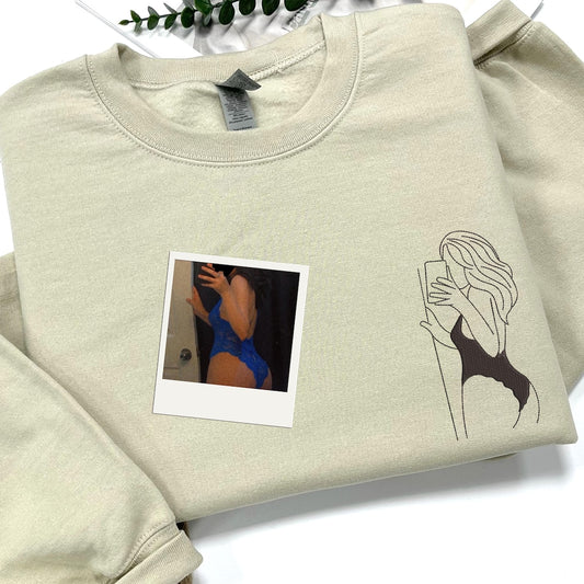 Custom Embroidered Spicy Portrait Sweatshirt Using Your Photo, Personalized Outline Portrait Shirt For Boyfriend Husband, Anniversary Gift