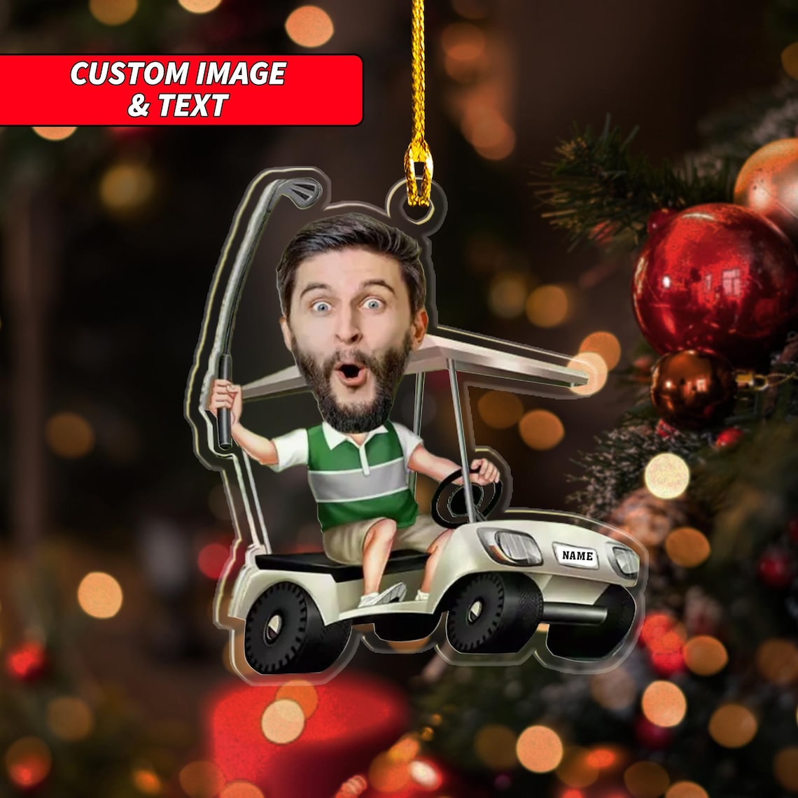 Personalized Golfer Ornament, Custom Image And Text Golf Lover Ornament, 2D Printed Golf Cart Christmas Tree Ornament, Christmas Ornament