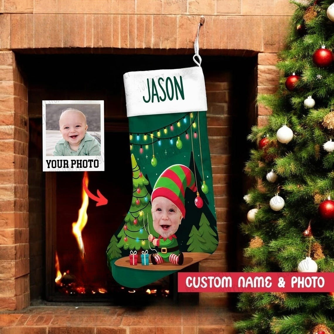 Custom Christmas Stocking with Funny Baby Elf Photo, Personalized Holiday Gift for Kids, Custom Stocking for Family,New Baby First Xmas Gift