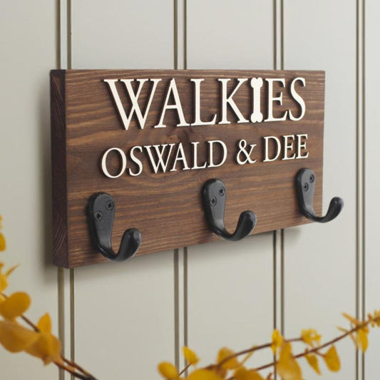 Personalised Walkie's Wooden Dog Lead Hook Sign with Raised Natural Wood Wording, Pet Gift, Furry Friend