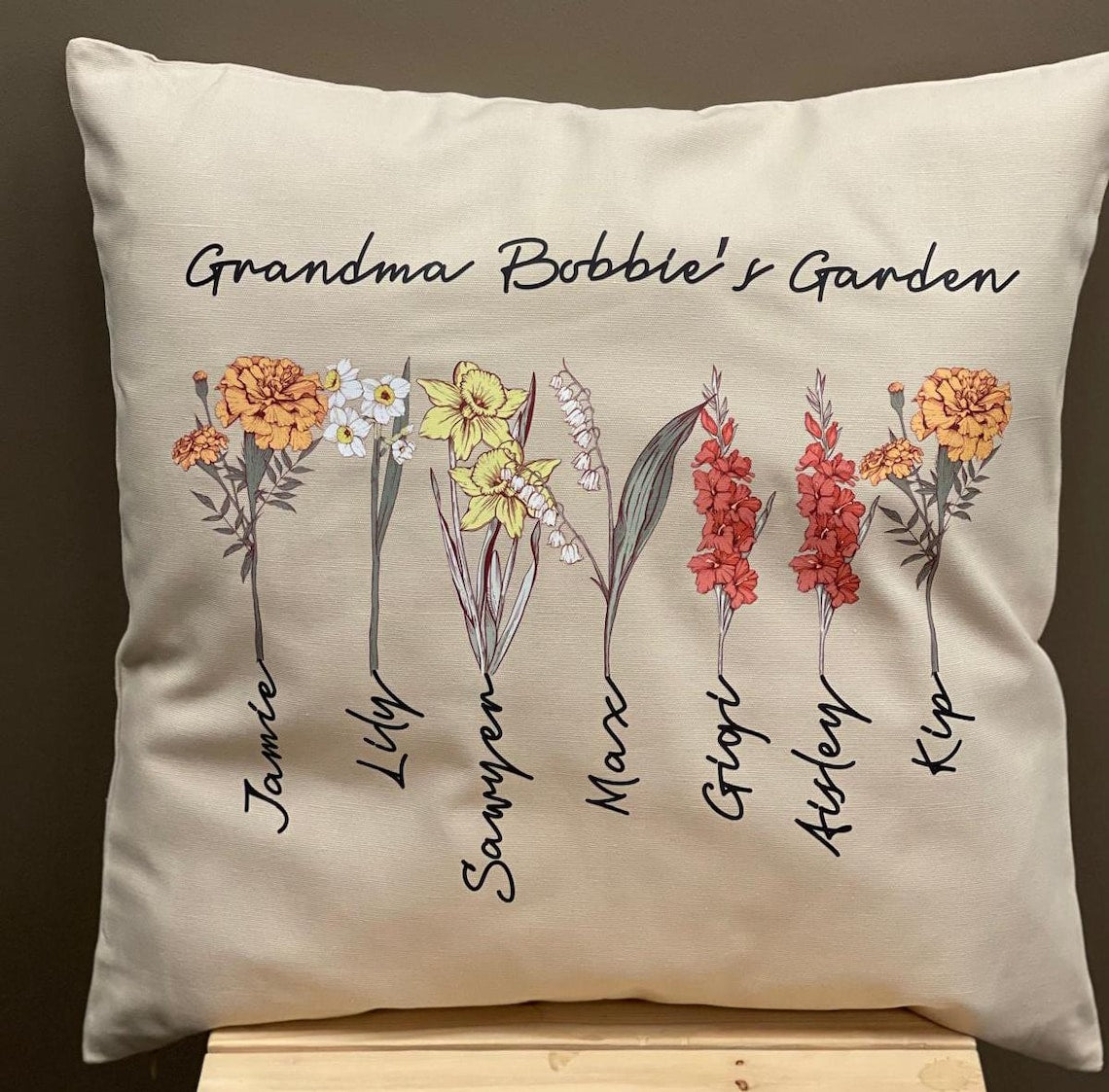 Custom Grandma's Garden Pillow, Personalized Birthflower Pillow, Grandmas Garden Pillow with Grandkids, Gift for Grandma, Christmas Gift