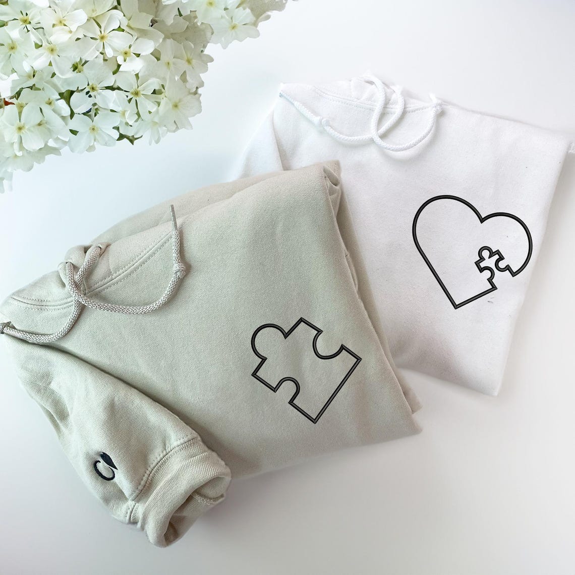 Couples Hoodies Matching Embroidered You Complete Me Heart Puzzle, His and Her Sweatshirt, Custom Initials Sleeve, Personalized Anniversary