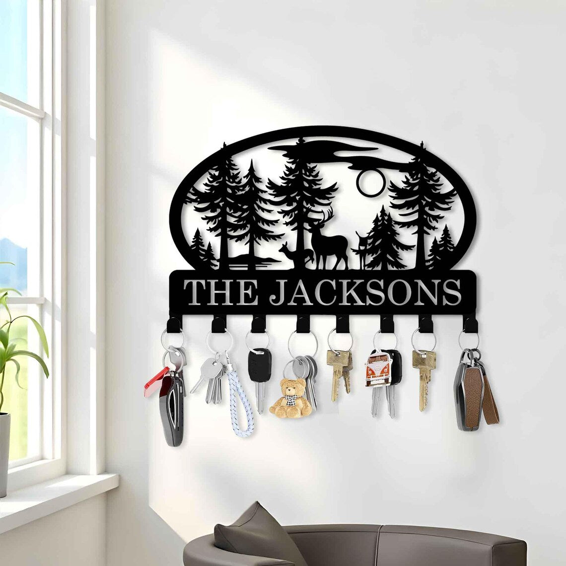 Custom Deer Metal Keyholder Hooks - Personalized Family Name Yard Sign - Camping Gift - Custom Xmas Holiday Gifts - Wildlife Lover Stakes