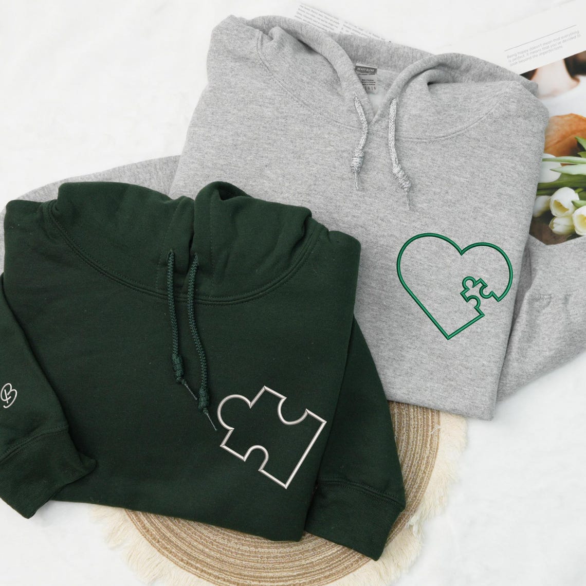 Couples Hoodies Matching Embroidered You Complete Me Heart Puzzle, His and Her Sweatshirt, Custom Initials Sleeve, Personalized Anniversary