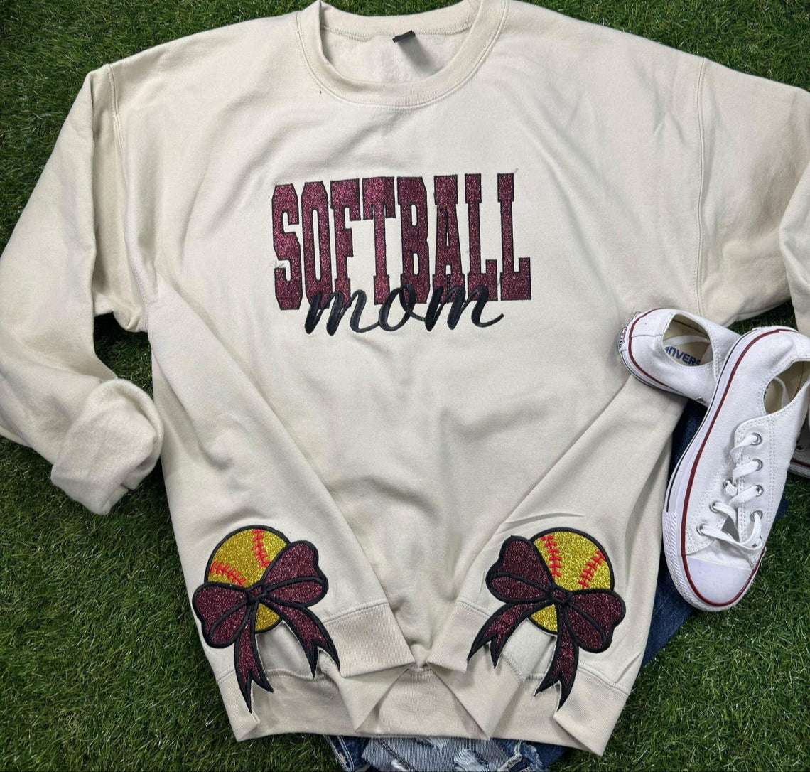 Softball Mom Glitter Embroidered Sweatshirt with Side Bows Personalized Sweatshirt For Mom , Mom Shirt for sport mom Mother's day gift
