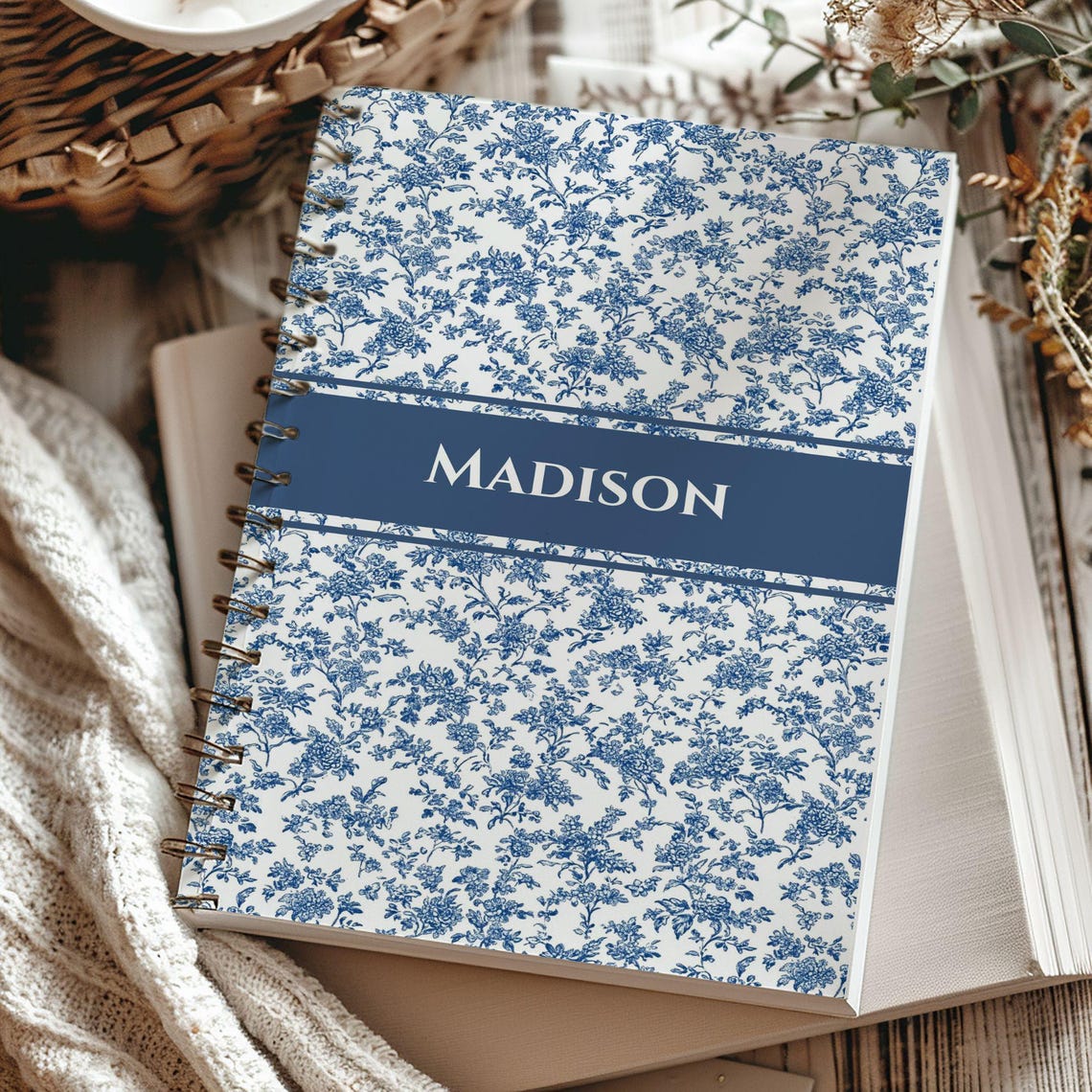 Personalized Chinoiserie Spiral Notebook, Blue Toile Spiral Notebook, Coquette Spiral Notebook, Custom Bridesmaid Gift, Appreciation Gift