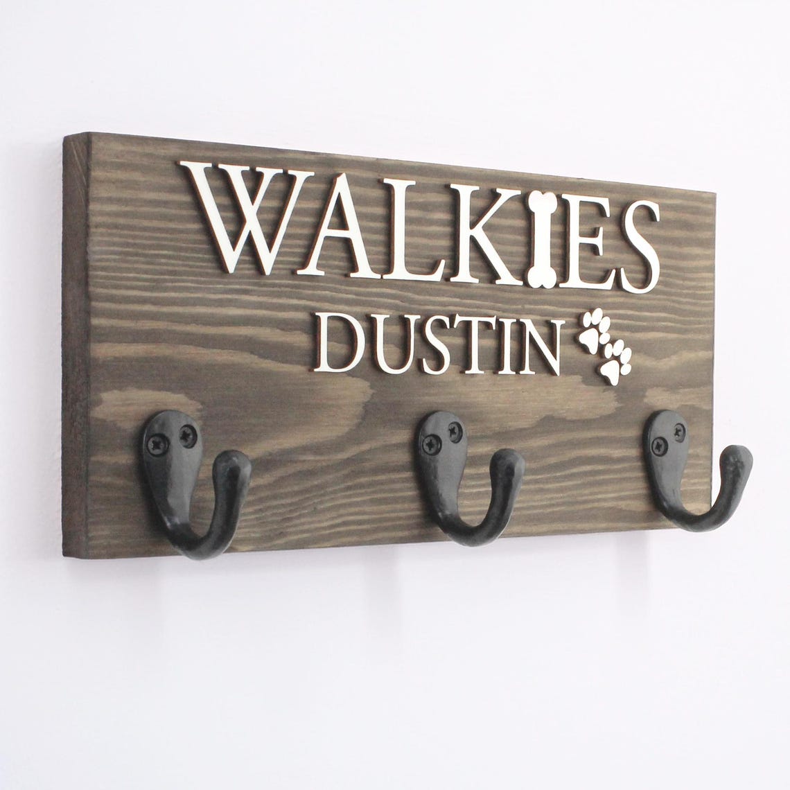 Personalised Walkie's Wooden Dog Lead Hook Sign with Raised Natural Wood Wording, Pet Gift, Furry Friend