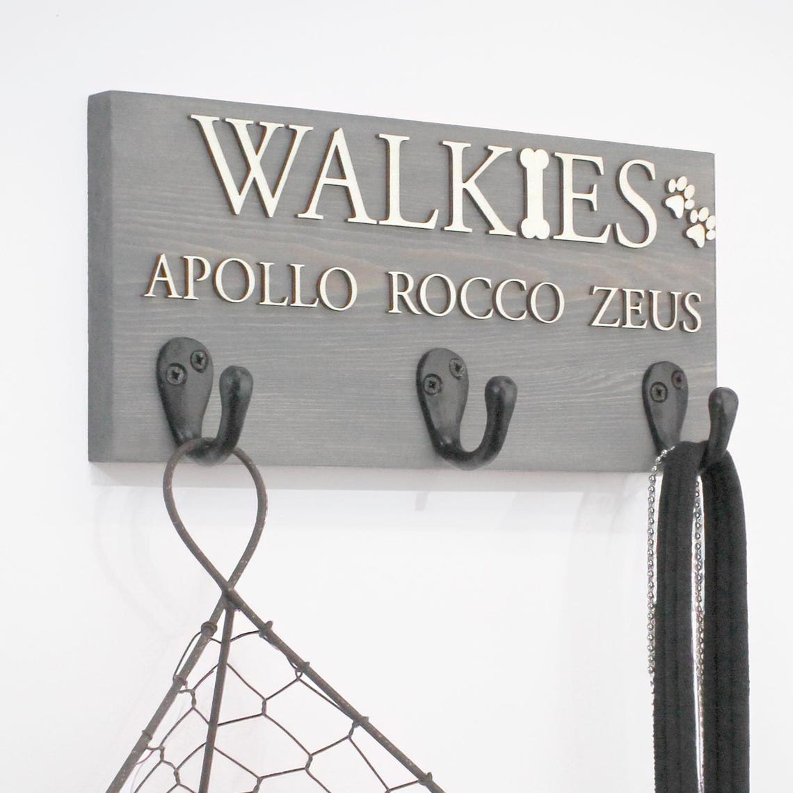 Personalised Walkie's Wooden Dog Lead Hook Sign with Raised Natural Wood Wording, Pet Gift, Furry Friend