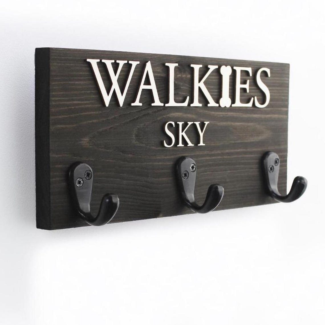 Personalised Walkie's Wooden Dog Lead Hook Sign with Raised Natural Wood Wording, Pet Gift, Furry Friend
