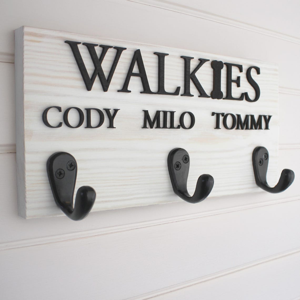 Personalised Walkie's Wooden Dog Lead Hook Sign with Raised Natural Wood Wording, Pet Gift, Furry Friend